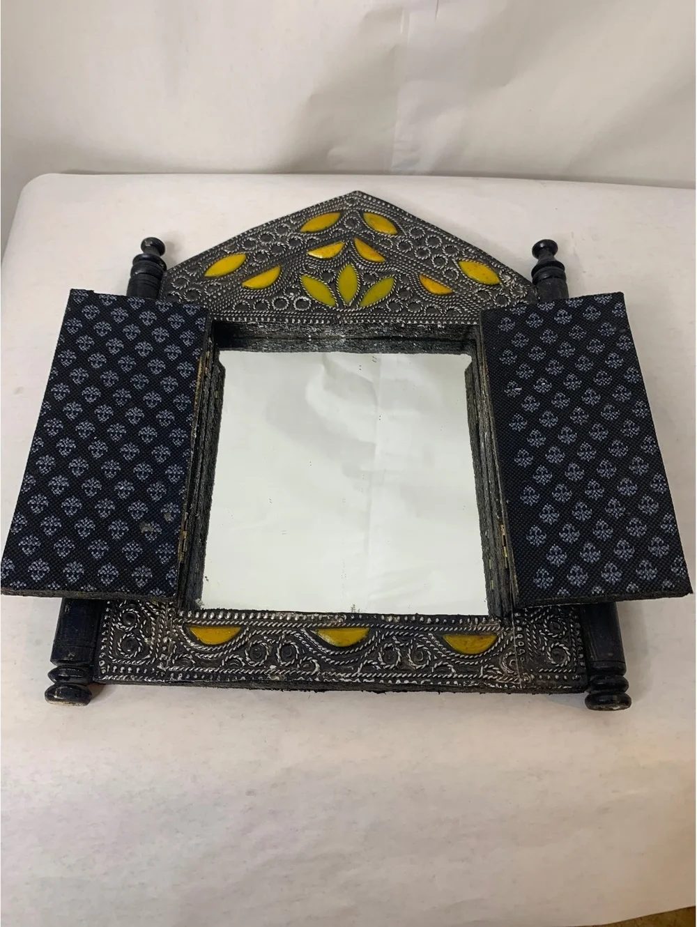Vintage Moroccan handmade Wall Mirror with Yellow Inlay and Ornate Metal Frame